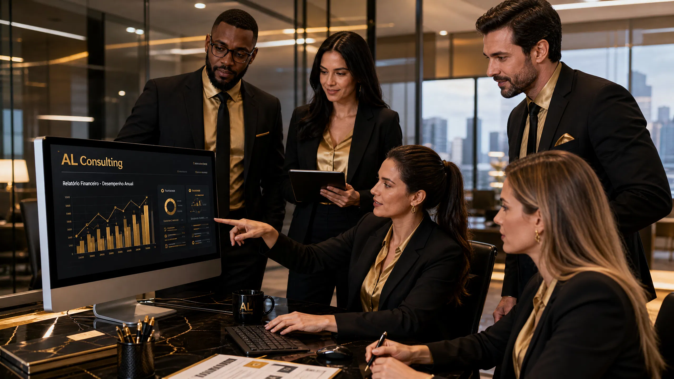Equipe da AL Consulting Contábil em reunião, analisando relatórios no painel da empresa